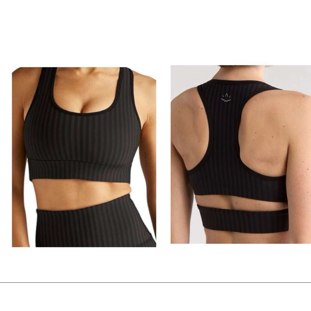 Beyond Yoga Work It Over Bra Dtriped Jacquard Long Line Bra Black- Size XS